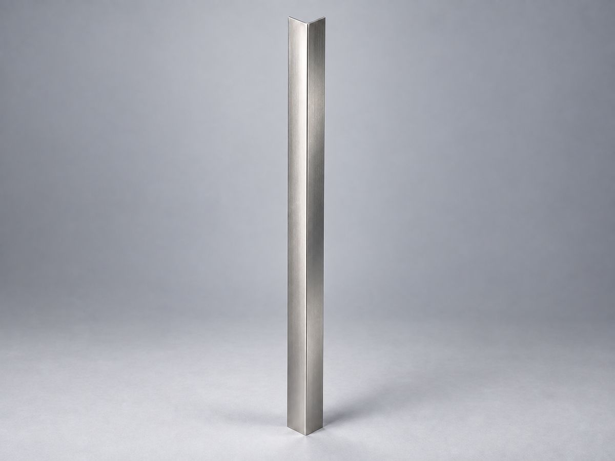 Illustrative satin stainless steel corner guard with a thin L-shaped profile