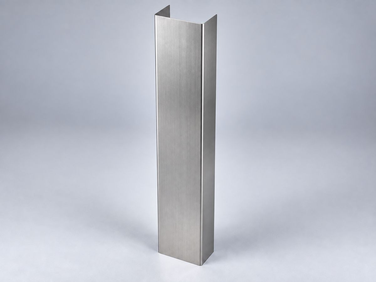 Illustrative stainless steel end wall guard with an open U-shaped profile