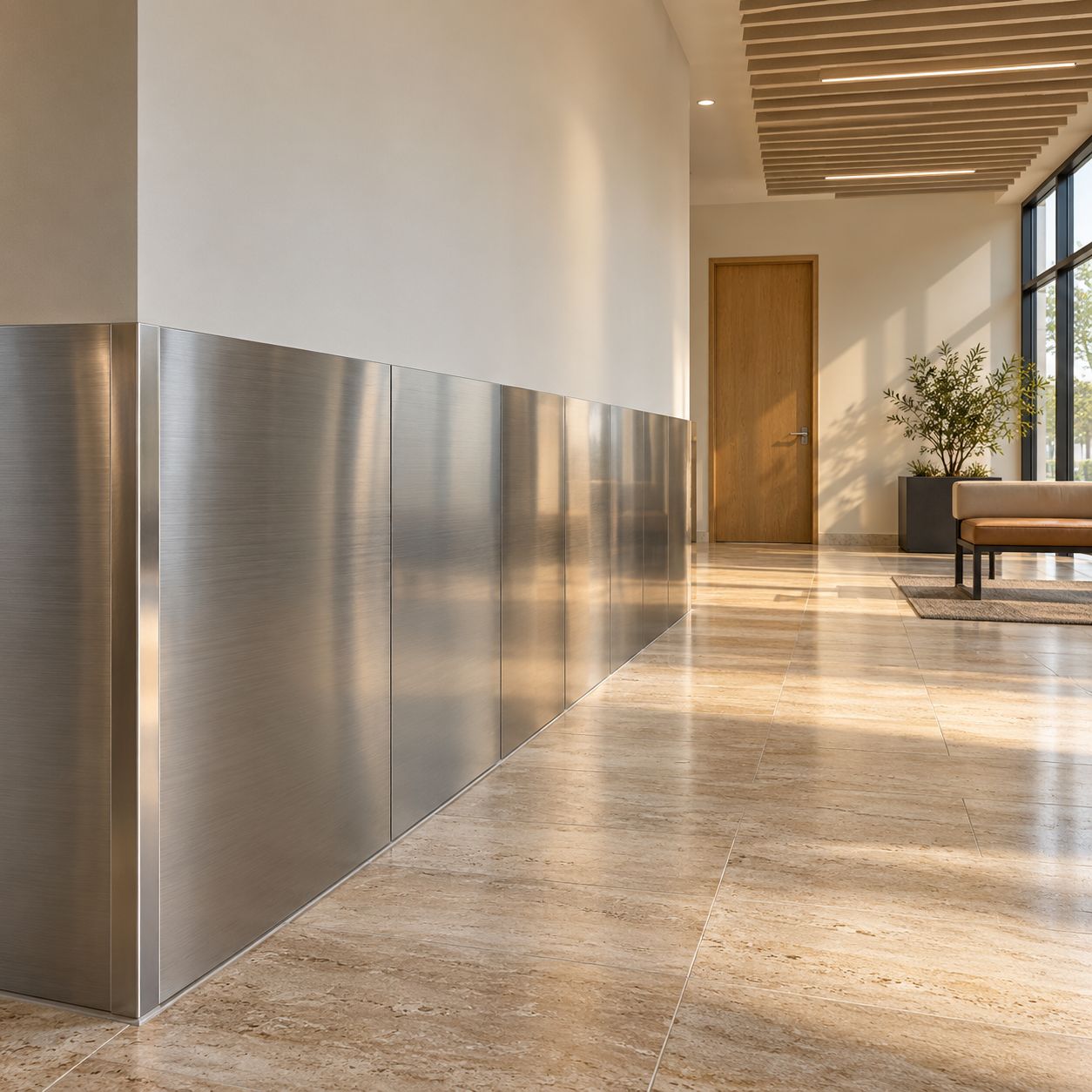 The same interior with satin stainless wall panels and overlapping corner guards
