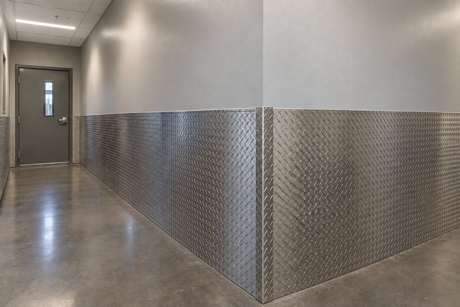 Photorealistic concept of 48-inch diamond plate wall panels with a narrow 3-inch by 3-inch overlapping diamond plate corner guard