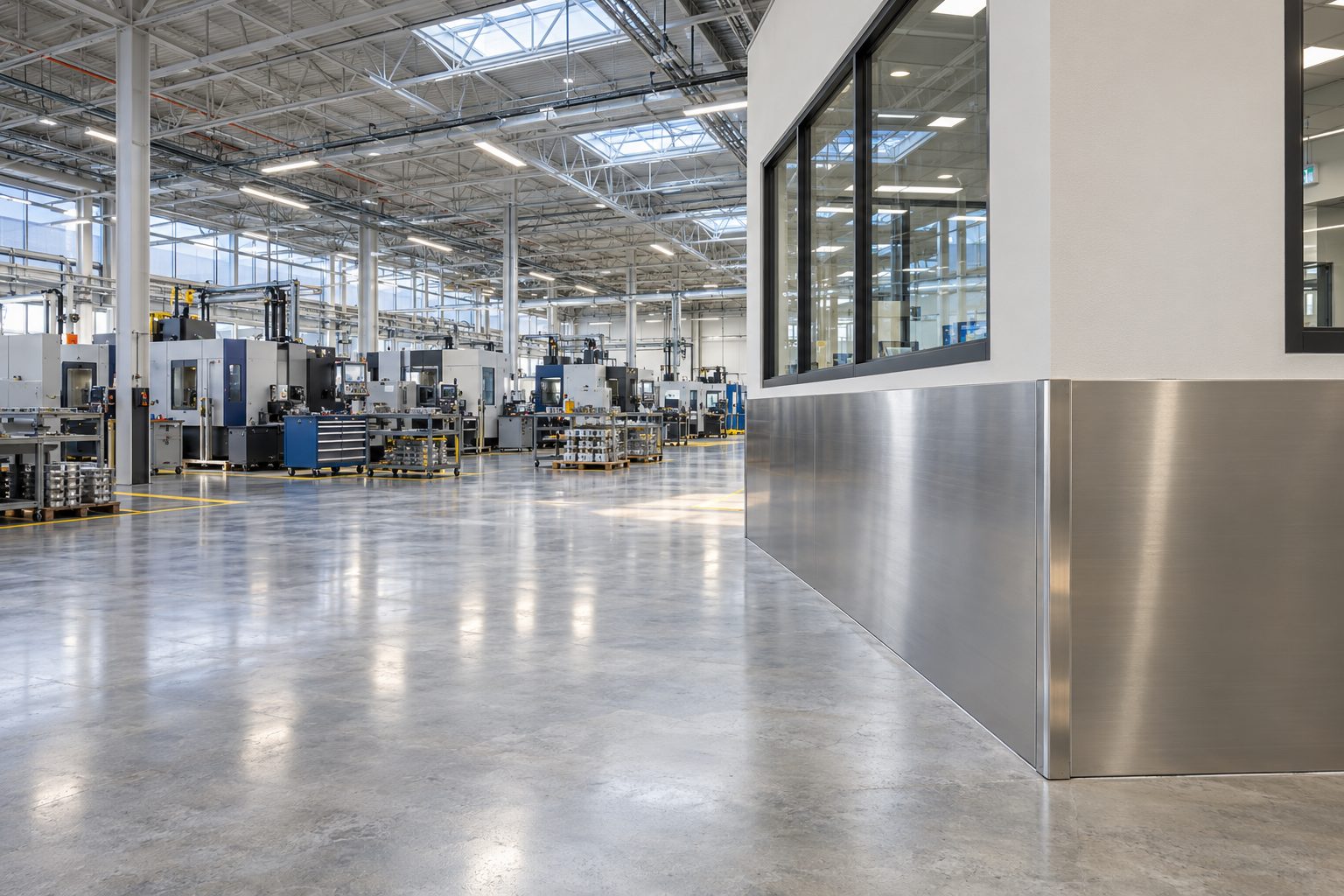 Concept image of a manufacturing floor, with satin stainless wall panels and a formed corner guard protecting the base of an office wall