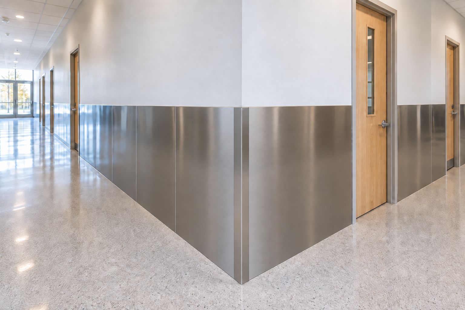 Stainless wall panels with an overlapping corner guard on a full-height painted wall
